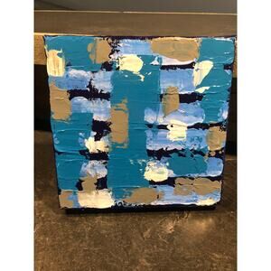 Hand-Painted Acrylic Canvas Abstract Blue Gray 7.5x8x1.5 Modern Artwork Art